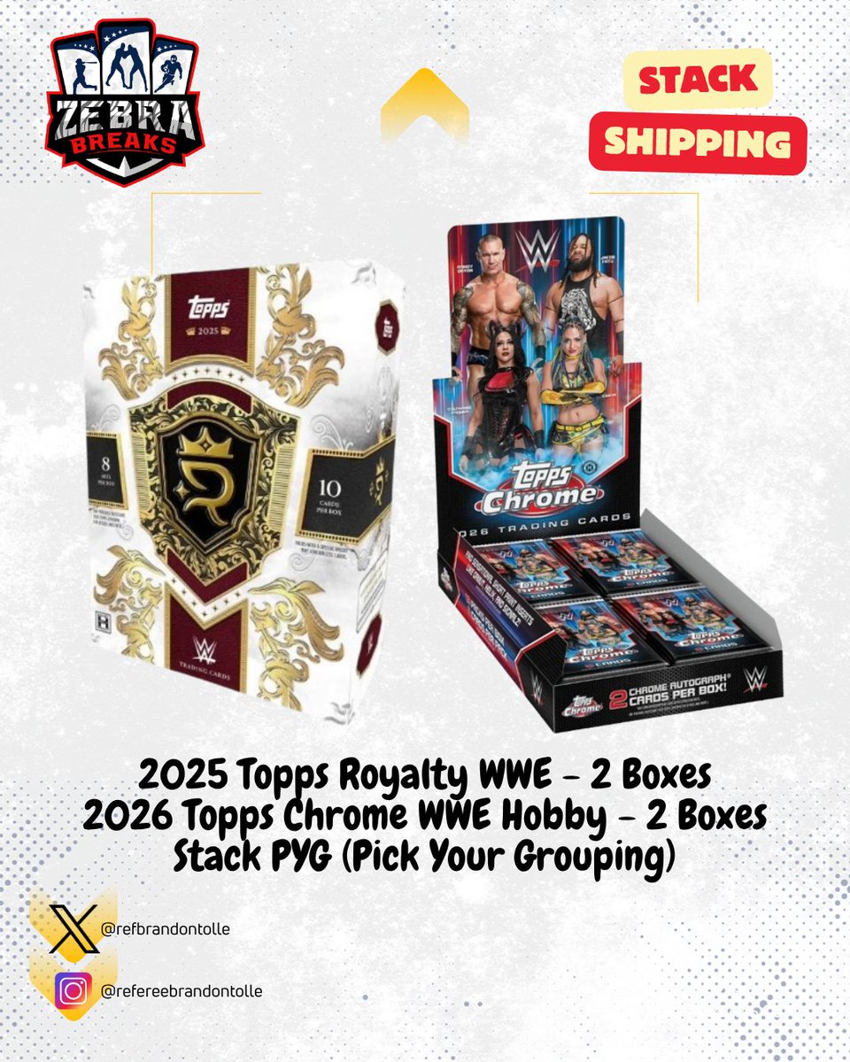RefBrandonTolle's tweet image. Once we clear through Logofractor and Hopefully the Big PYW tonight for WWE. This is coming for Friday Night!!
2025 Royalty WWE &amp;amp; 2026 Chrome WWE 4 Box Stack PYG!
-29 Spots, 9-10 Talent Per Spot. Let's take the skunk chances away and maximize you hobby dollar!
#wwe #chrome