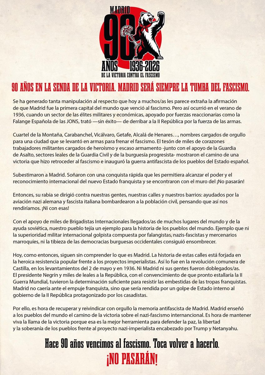 ResistiremosVKL's tweet photo. Somos una plataforma unitaria, integrada por diversos colectivos e individualidades, unidos con un propósito claro: conmemorar el 90 aniversario de la victoria contra el fascismo en julio del 36 en Madrid.

¡La memoria de nuestra lucha sigue presente!

#Madrid #NoPasaran https://t.co/n1wKppVxNt