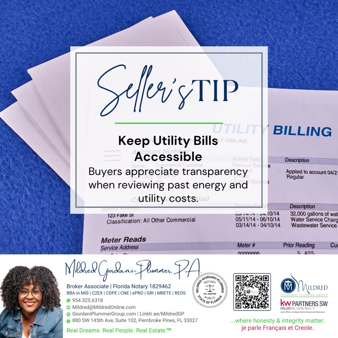 MildredGP's tweet image. Keep Utility Bills Accessible.
#TipTuesday #SellerTip #HomeSeller #HomeOwner #SellingAHome #BrowardRealEstate #FloridaRealEstate #BrowardRealtor #FloridaRealtor #RealEstateAgent #Realtor #MildredGiordaniPlummer #KWPartnersSW #KW