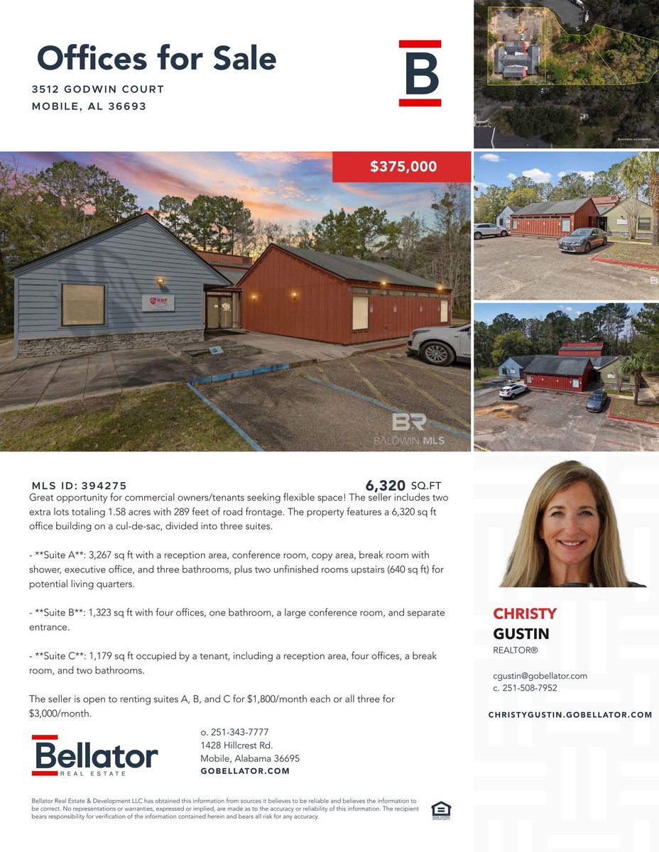 ChristyGustin1's tweet image. Office property in West Mobile off Girby Road. 6,320 square feet on 1.58 acres. 3 large suites with separate entrances. Buy for $375K or lease all 3 at $3000 per month. Each suite can be leased $1800. #BellatorRealEstate 
 #MobileAL 
christygustin.gobellator.com/p/3512-Godwin-…