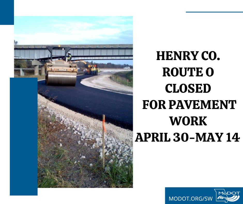 MoDOT_Southwest's tweet image. #HenryCo Route O between #HenryCo Route N and Missouri Route 7 northwest of #Clinton 8 a.m.-4 p.m., Monday-Thursday, April 30-May 14. MoDOT crews putting down new layer of asphalt on the highway. modot.org/node/87793 #MoDOTSW