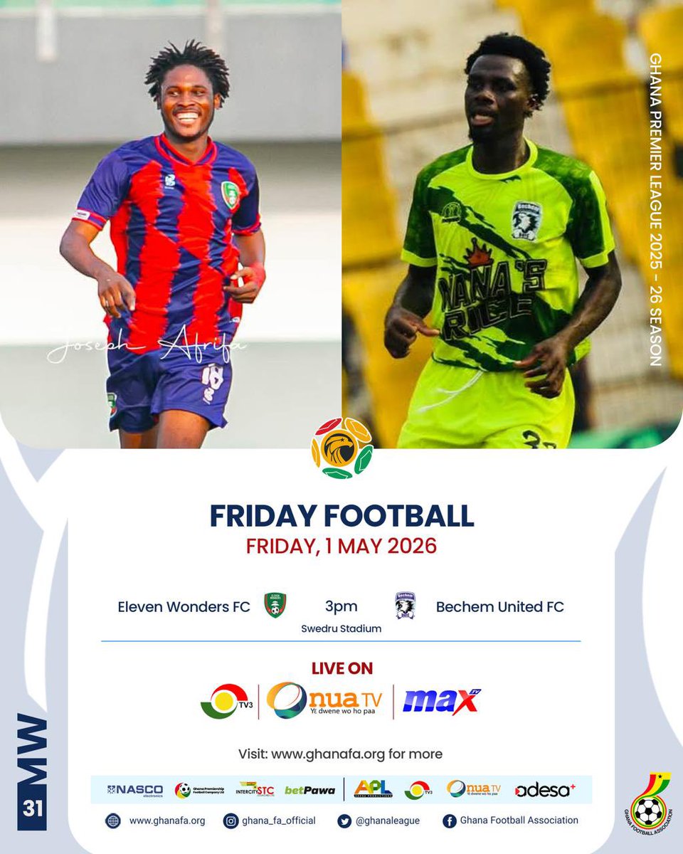 GhanaLeague's tweet image. ⚽️Matchweek 31 begins in Swedru with Eleven Wonders taking on Bechem United on Friday. 

Who wins this opener?

#GPL #GPLMW31