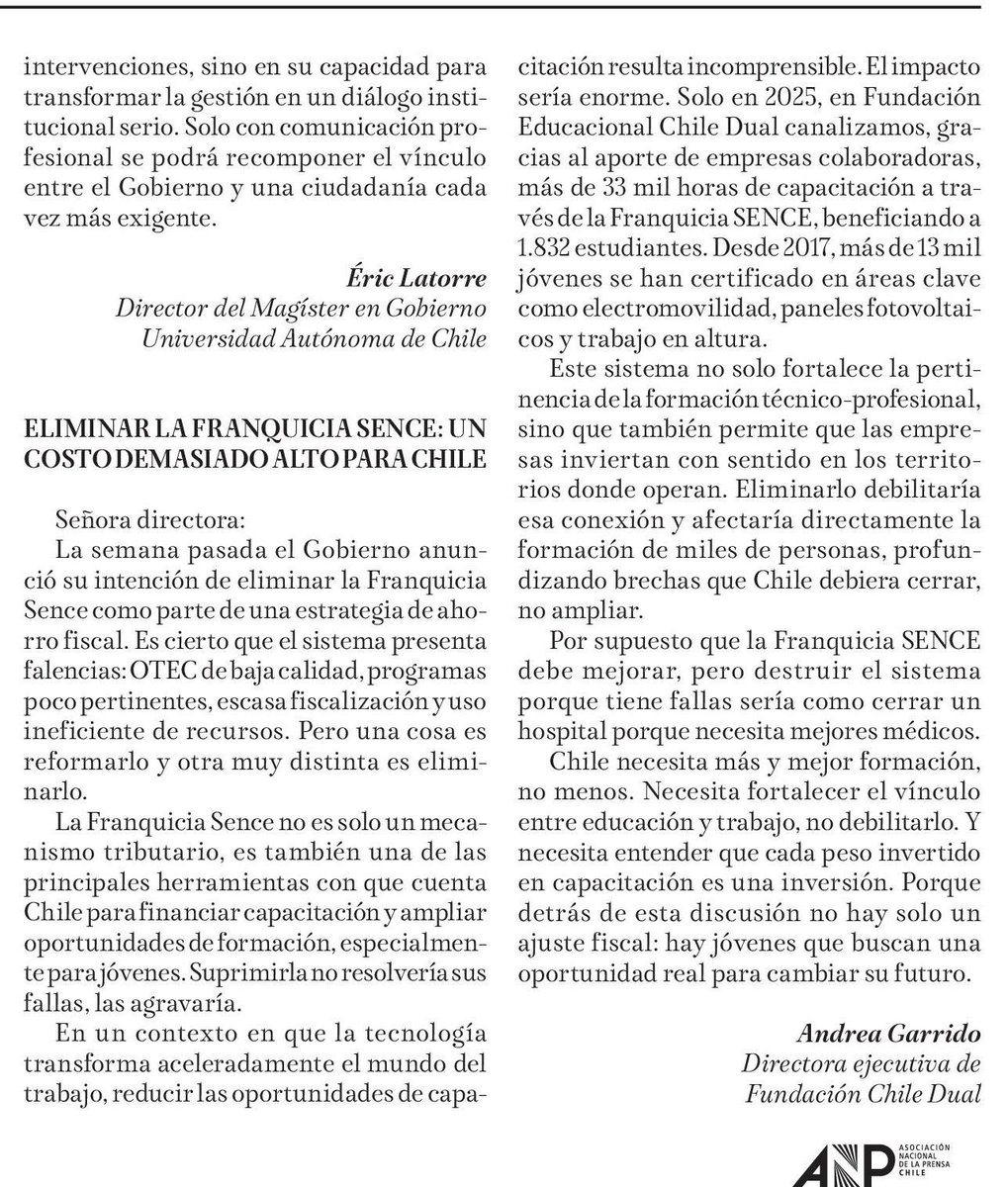 ChileDual's tweet photo. Hoy en @latribunacl publicaron nuestra carta ELIMINAR LA FRANQUICIA SENCE: UN COSTO DEMASIADO ALTO PARA CHILE
Te invitamos a leerla, a comentar, a compartir y a encender la ampolleta sobre cómo podemos influir positivamente en políticas públicas para un desarrollo real del país https://t.co/Wt7zqfRpRY