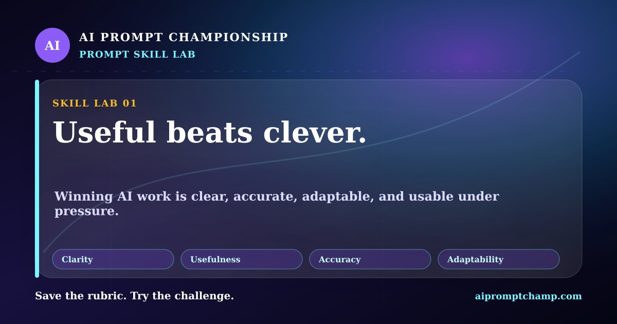 aipromptchamp's tweet image. The best AI answer is not the cleverest.

It is the one someone can actually use.

AIPC scoring lens:
clarity · usefulness · accuracy · adaptability · creativity

Try scoring your next AI output before you trust it.

#PromptEngineering #AppliedAI