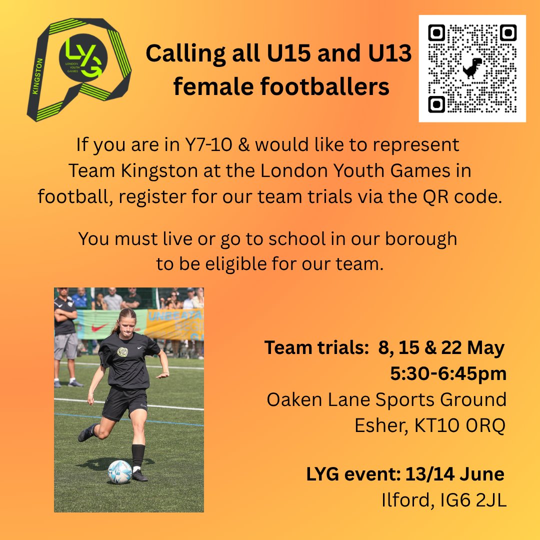 ActiveKingston's tweet photo. If you are in Y7-10 &amp; enjoy playing football, sign up for our Team Kingston London Youth Games team trials. You must be available to compete on: U13 - 13 June &amp; U15 - 14 June. Register your interest via the QR code. https://t.co/JEtYUZQ90o