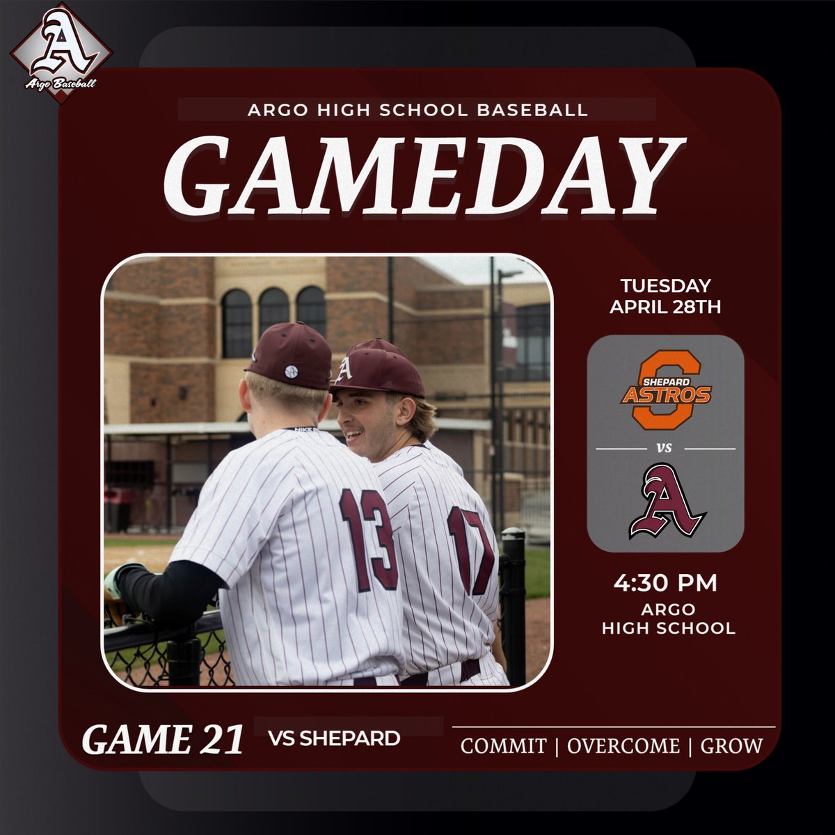 argobaseball's tweet image. After yesterday's rainout, we begin the week by hosting Shepard in SSC Red action.  Come out and support the boys!  #COG