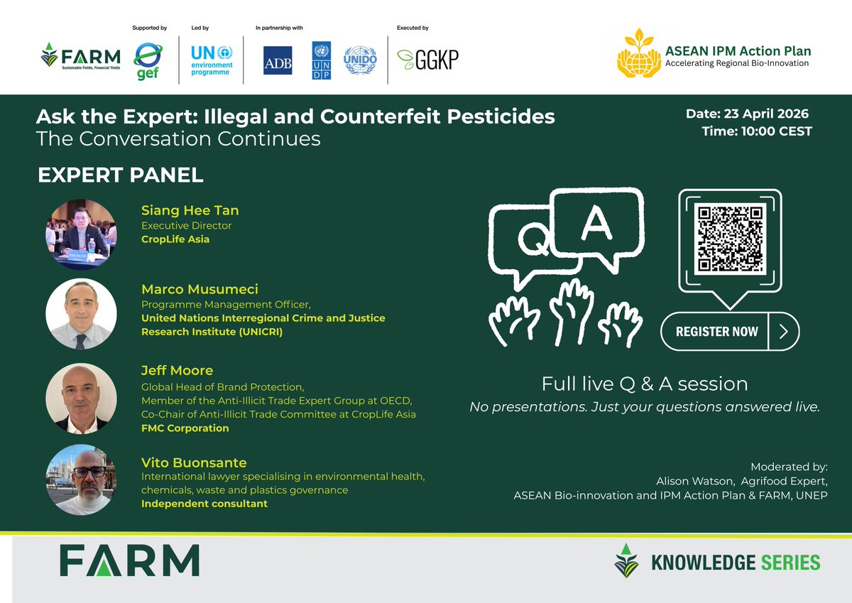 UNICRI's tweet photo. 🌱 Tackling Illegal and Counterfeit Pesticides

Illegal and counterfeit pesticides pose a growing transnational challenge at the intersection of crime and justice, public health, trade, and environmental protection. They undermine regulatory systems and are linked to broader illicit networks.

To address this critical challenge the “Ask the Expert: Illegal and Counterfeit Pesticides – The Conversation Continues” brought together experts in a live Q&A session, organized by #GEFFARM Programme, led by @UNEP and ASEAN IPM Action Plan.

Key highlights
🔹 Direct exchange with experts
🔹 Focus on enforcement, cooperation, and supply chains
🔹 Practical insights shared

Speakers
🔹 Siang Hee Tan, CropLife Asia
🔹 Marco Musumeci, UNICRI
🔹 Jeff Moore, FMC Corporation & OECD Anti-Il
🔹 Vito Buonsante, international lawyer
Moderation: Alison Watson, GEF FARM Programme

Marco Musumeci of UNICRI contributed insights on the criminal dimensions of this trade.
Tackling illegal and counterfeit pesticides requires cooperation and shared responsibility.

🙏We thank the organizers and participants for advancing coordinated responses.

➡️ Watch the session recording: https://t.co/HWzCo8QMce
