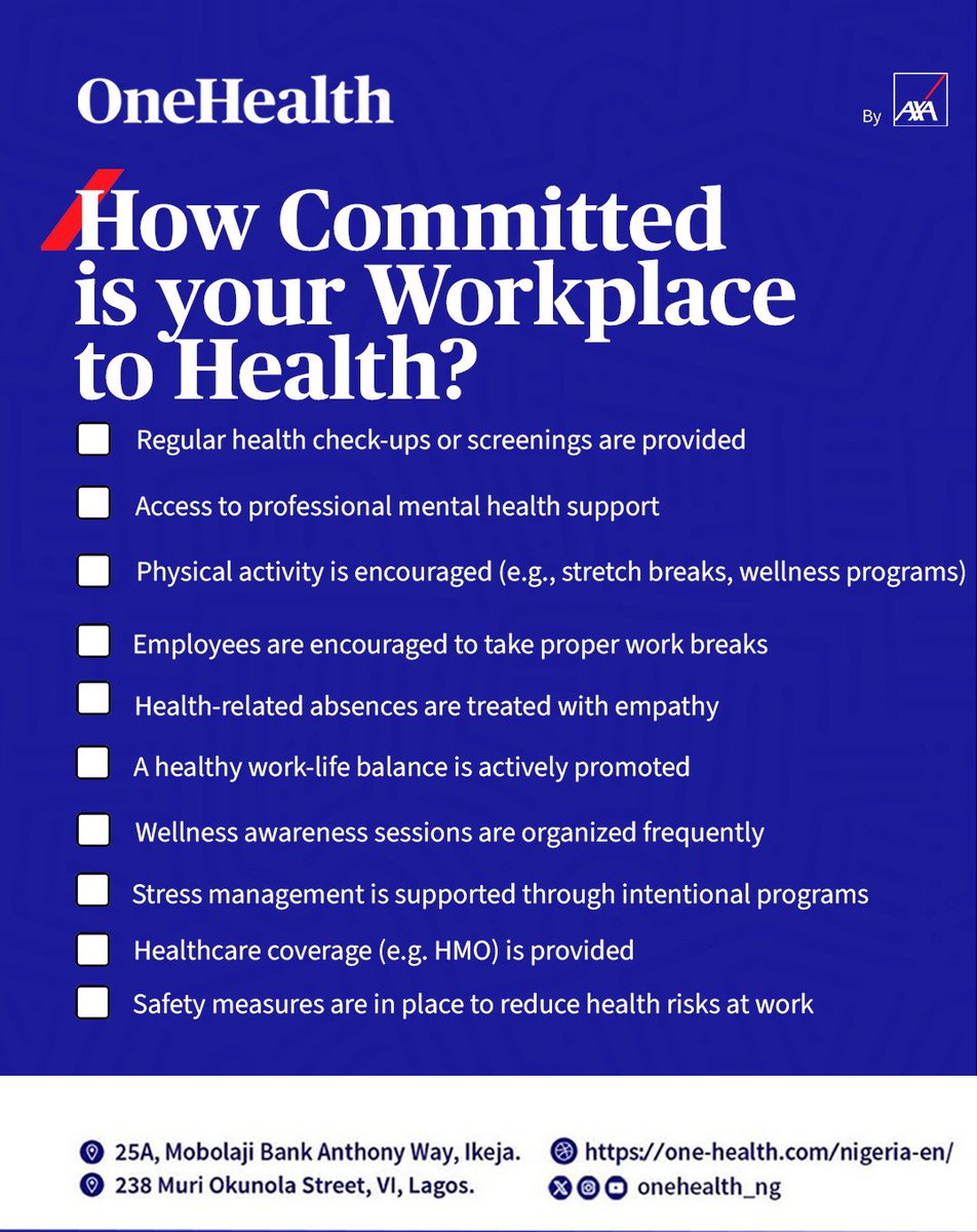 OneHealth_ng's tweet photo. Regular checkups, stress management, and work-life balance are not perks but essentials.

Does your workplace measure up by providing enough health support or should we mind our business?😁

Let's take action towards a healthier workplace.

👉Tick the boxes
👉Tag your HRs https://t.co/E2RLMHKnJl