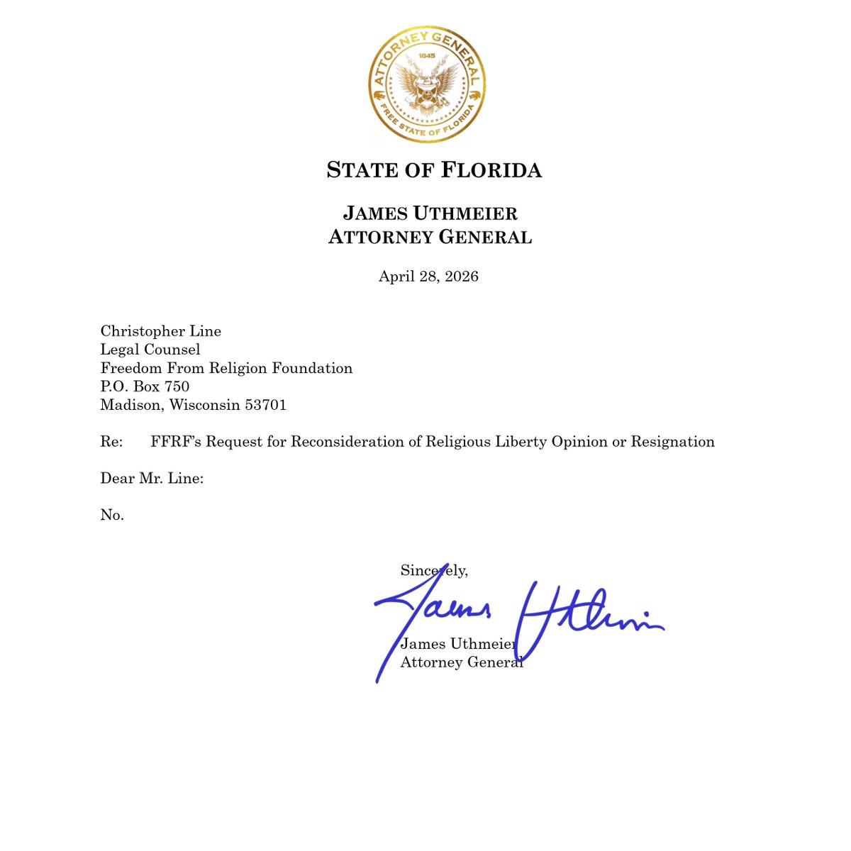 Attorney General James Uthmeier tweet media