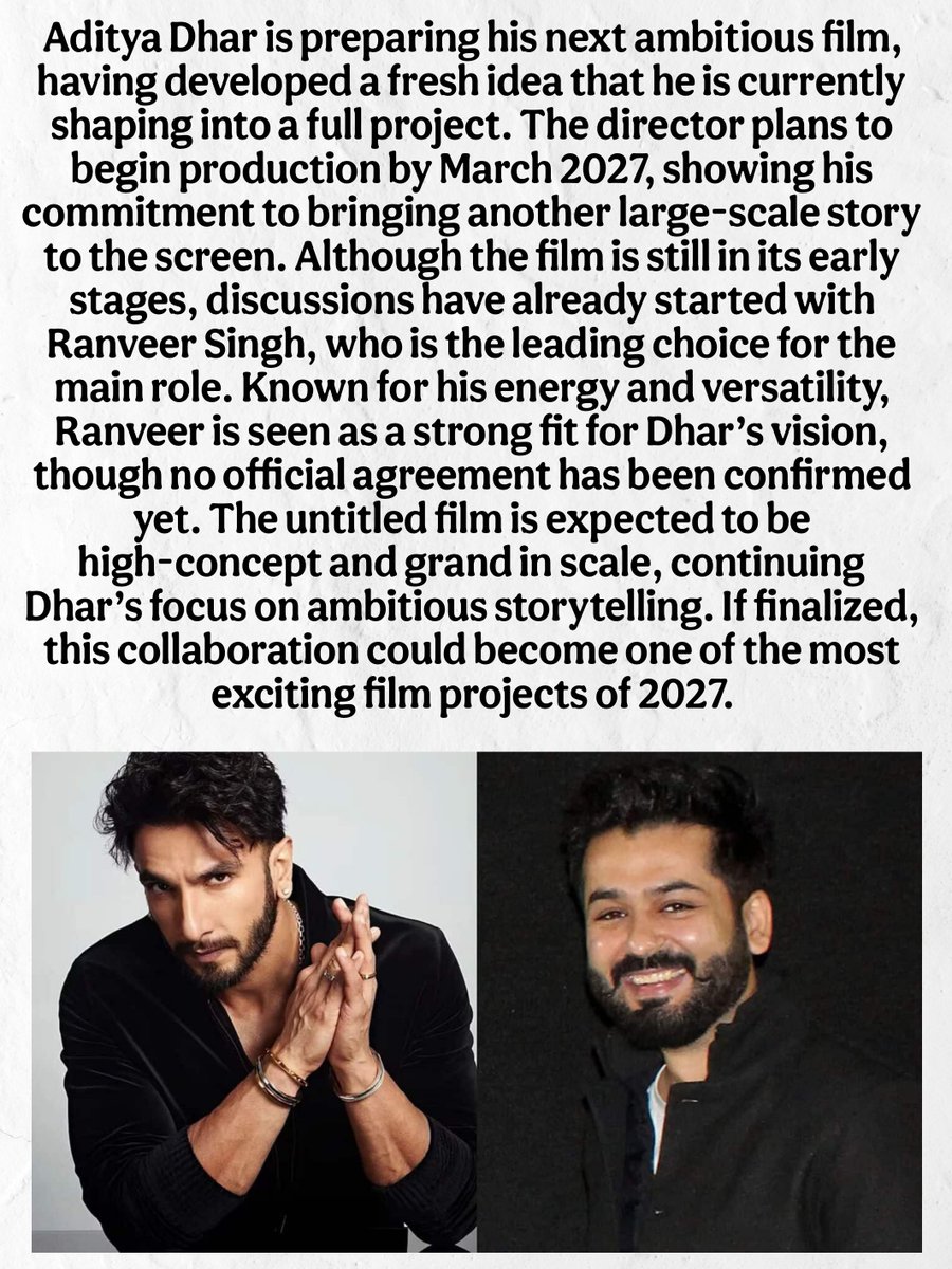 #RanveerSingh in Talks for Lead Role in #AdityaDhar’s Next Big-Budget Film
Full Report.