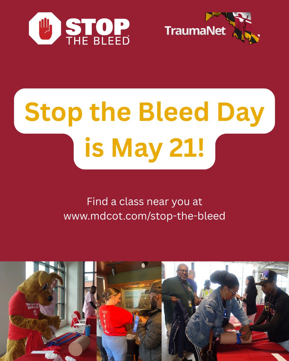 MDTraumaNet's tweet photo. Today is #StoptheBleedDay! Do you know how to stop life threatening bleeding? Find a class near you at https://t.co/Szc7uuQWQF #STBDay2026 https://t.co/HrFgYo7bRr