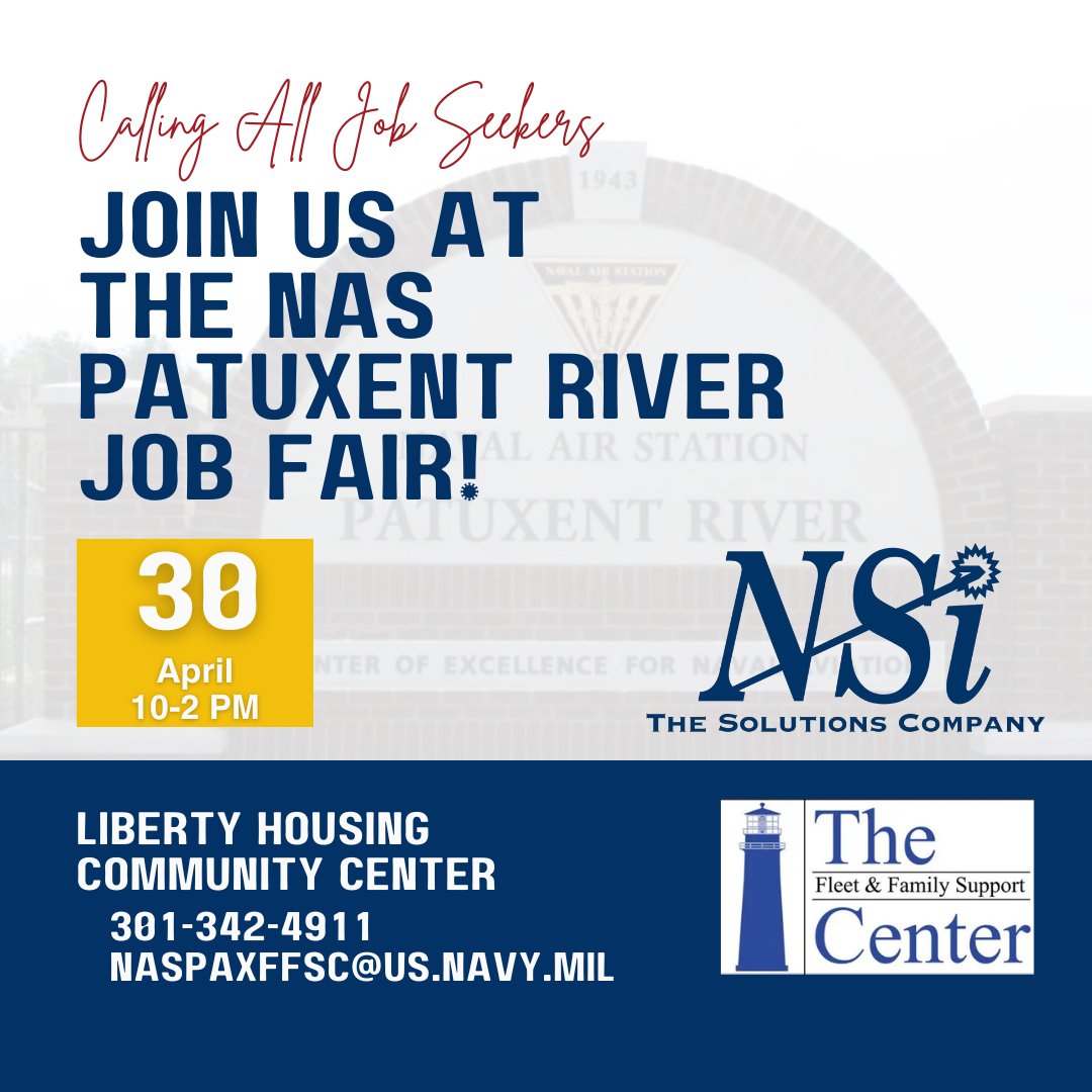 IncNaval's tweet image. We’re hiring! 🎉
Come Meet the NSI Recruiting Team at the Naval Air Station Patuxent River Job Fair on Thursday, April 30th from 10am-2pm at the Liberty Housing Community Center. Stop by our table and see where a future with NSI could take you! n-s-i.us #nsi