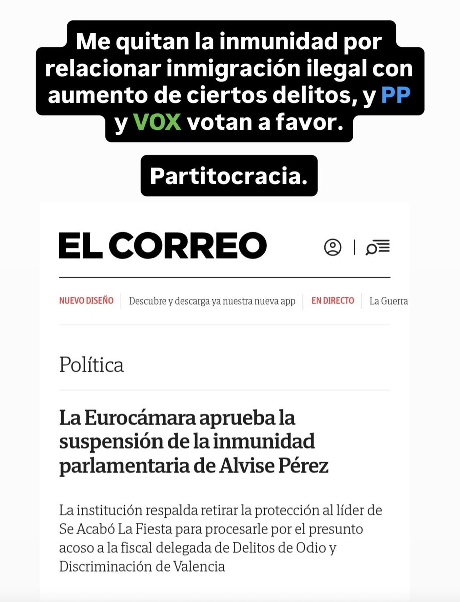 Francamente me da lo mismo que me quiten la inmunidad, que me censuren o que me criminalicen a diario.

Confío en Dios y en el valor de la verdad.

Si relacionar inmigración ilegal con aumento de ciertos delitos es ilegal o 'acoso', que nos condenen a millones de españoles.
