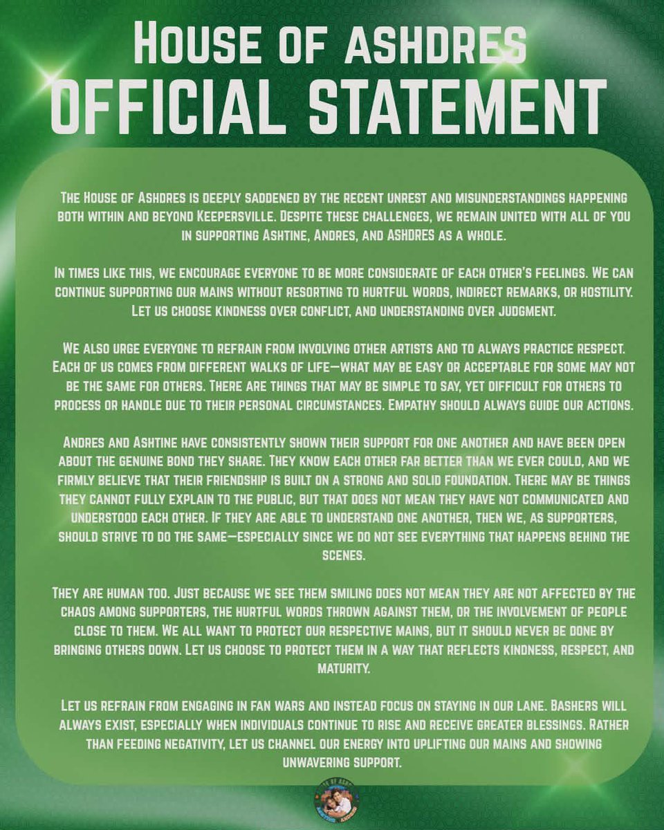 houseofashdres's tweet photo. ATTENTION ‼️‼️‼️ 

Please take time to read this. 

Let’s focus on uplifting our mains and respecting each other despite our differences in who we support. 

Keepers, we will stay strong, united, and solid in supporting Ashdres while helping one another grow. Let’s leave behind things that don’t deserve our attention—there’s no place for negativity in Keepersville.

- HoA Admins 💚💙🧡
