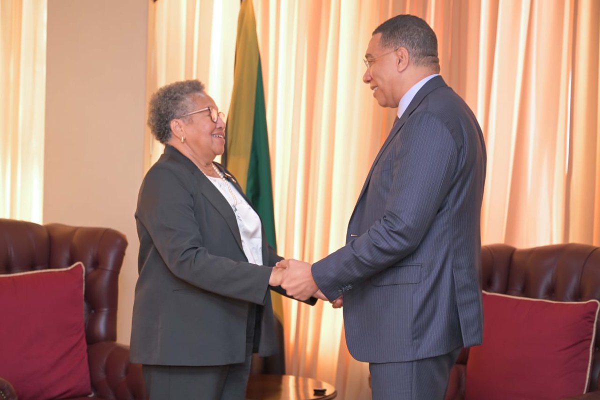 SG_CARICOM's tweet photo. I was pleased to sit and exchange views with the Prime Minister of #Jamaica @AndrewHolnessJM on Mon 27 April. We reflected on the life and service of the late former CARICOM Secretary-General, the Hon Roderick Rainford, who served during a turbulent time in CARICOM's history.  We agreed that despite current challenges, CARICOM remains strong, and that discussions and unity can help to address difficulties.