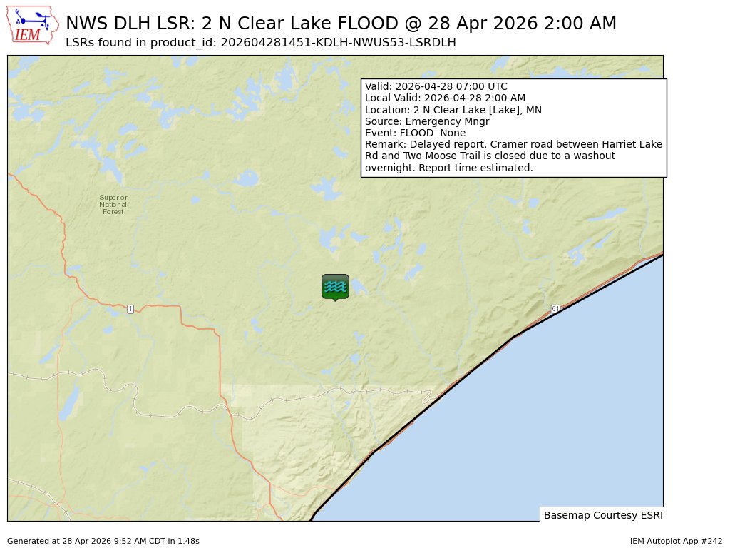 iembot_dlh's tweet image. At 2:00 AM CDT, 2 N Clear Lake [Lake Co, MN] Emergency Mngr reports Flood. Delayed report. Cramer road between Harriet Lake Rd and Two Moose Trail is closed due to a washout overnight. Report time estimated. #mnwx mesonet.agron.iastate.edu/lsr/?by=wfo&amp;amp;wf…