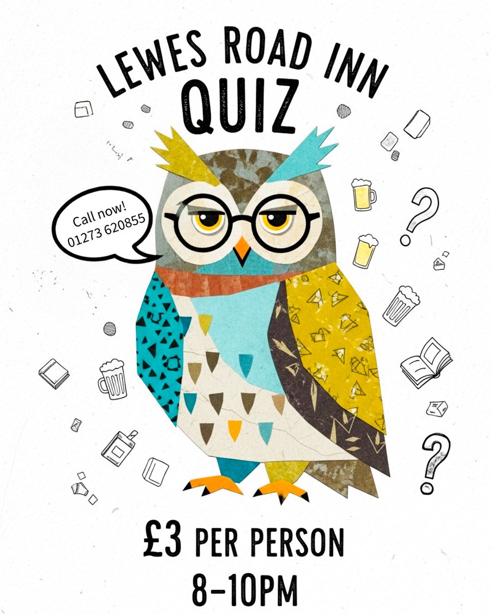 QuizActually's tweet photo. Test your wits tonight! 🦉

Lewes Road Inn Quiz starts at 8PM—grab your team and join the fun for just £3 per person. Call 01273 620855 to book now. Don’t miss out!

#QuizActually #LewesRoadInn #PubQuiz https://t.co/ttyKZbEK4l