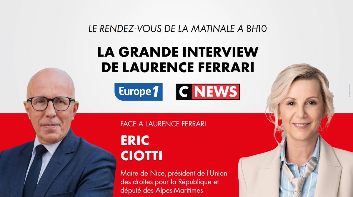 CNEWSLesOFF's tweet image. ⏰#𝗟𝗮𝗚𝗿𝗮𝗻𝗱𝗲𝗜𝗧𝗪 de 𝐋𝐚𝐮𝐫𝐞𝐧𝐜𝐞 𝐅𝐄𝐑𝐑𝐀𝐑𝐈, votre rendez-vous de #LaMatinale @Europe1 @CNEWS à 𝟴𝗛𝟭𝟬 

𝐄́𝐫𝐢𝐜 𝐂𝐈𝐎𝐓𝐓𝐈 (@eciotti), maire de Nice, président de l'Union des droites pour la République (@partiudr) et député des Alpes-Maritimes, sera