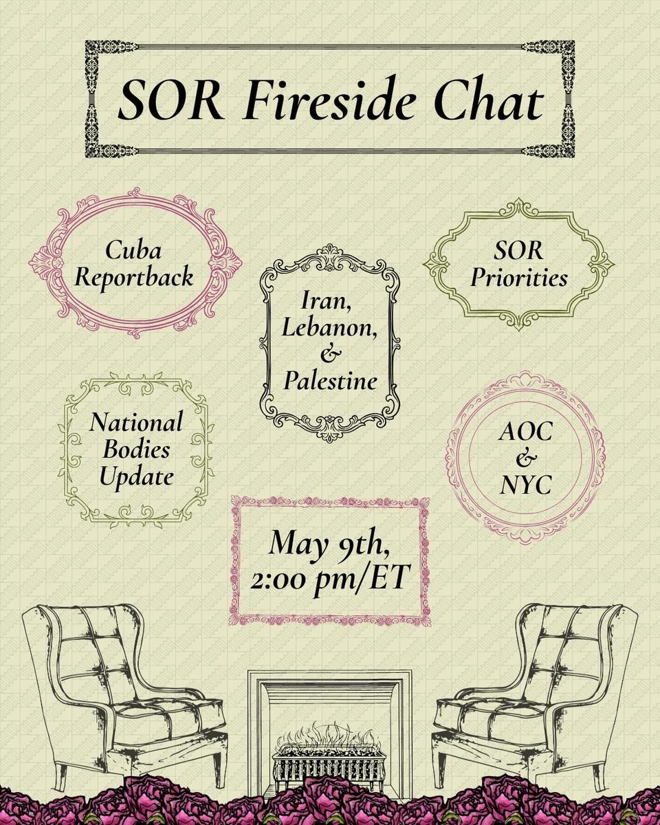 Join us for the Springs of Revolution Fireside Chat, a quarterly call open to those curious in supporting Springs of Revolution network work across DSA and to hear what those in the network have been up to!

🔗Register here: bit.ly/SOR-fireside-2
