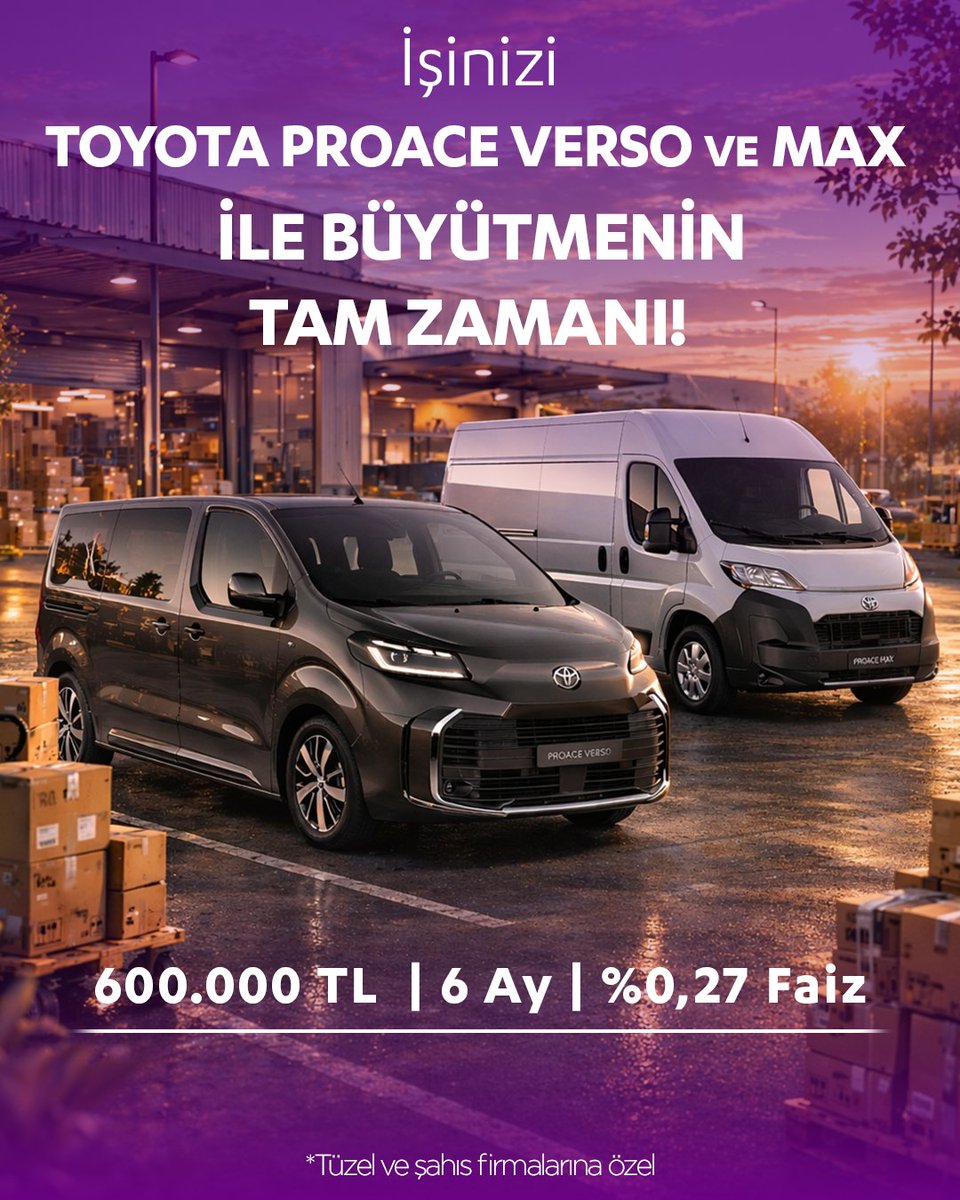 ALJFinans's tweet photo. Toyota Proace ailesiyle işinizi bir adım öteye taşımanın tam zamanı! 

🔹 600.000 TL | 6 Ay | %0,27 Faiz

📍 Detaylar için internet sitemizi ziyaret edebilirsiniz.

#ALJFinans #AraçKredisi #KrediKampanyası  #ToyotaProace https://t.co/6gTswShD8R