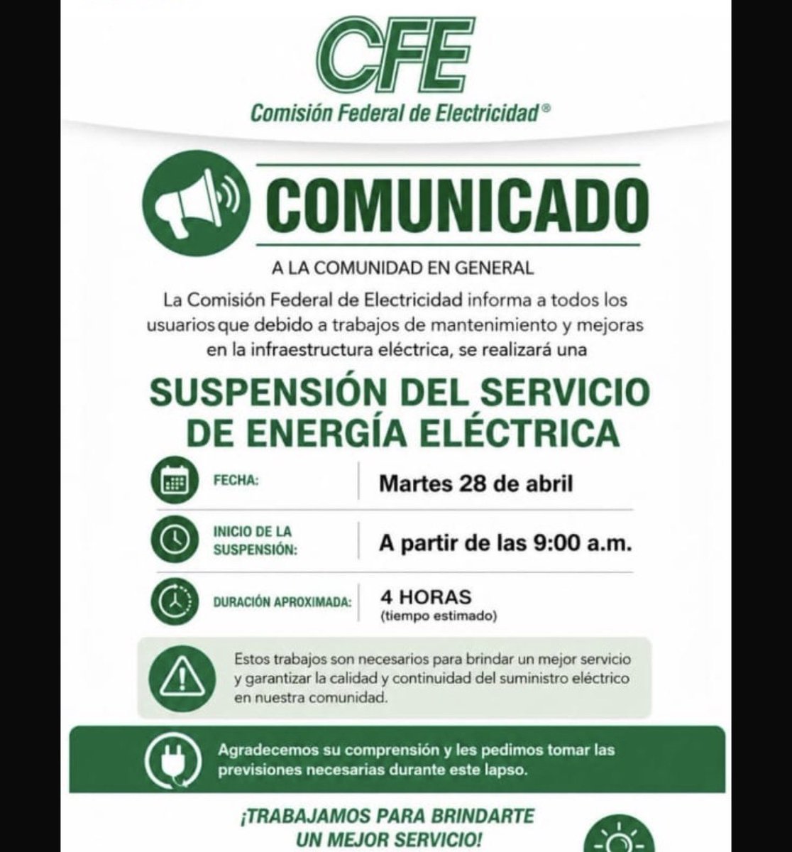 suarceo's tweet photo. @CFEmx  buenos días que tan real es que van a suspender el servicio en Villahermosa de 9 am a 4 pm pero no dice que zonas https://t.co/Kssku7IH7s