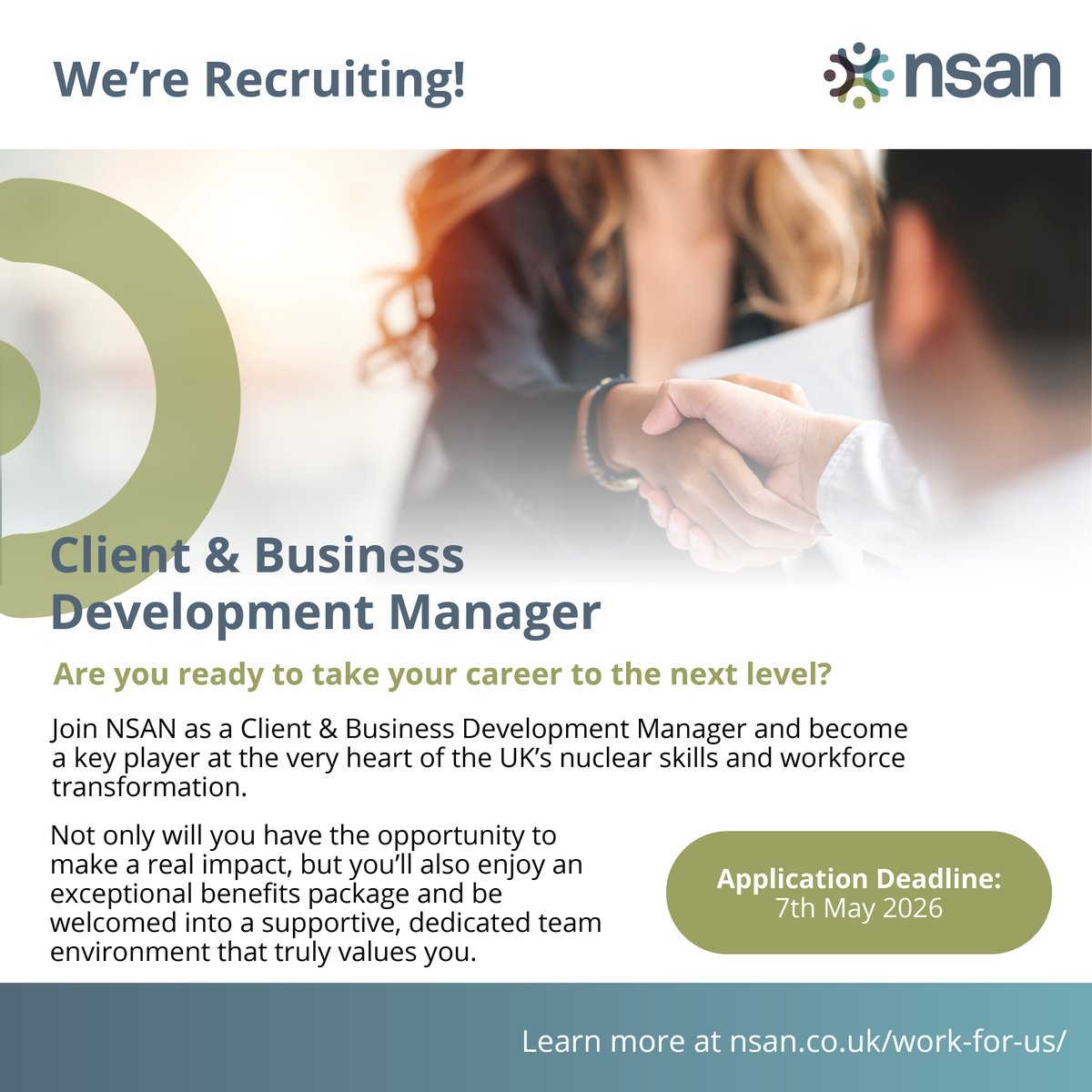 NSA_Nuclear's tweet photo. Help shape the future of the UK’s nuclear workforce. We’re hiring a Client & Business Development Manager at NSAN. An opportunity to build relationships, unlock new opportunities, and make a visible impact across a nationally important sector.

Find out more and apply here - https://t.co/dS1Jaff75Z

You’ll work with member organisations to understand what they need, grow engagement and value, and help drive new business, supported by a collaborative team that welcomes ideas and recognises expertise. Plus an excellent benefits package.

Apply by 4pm Wednesday, 7th May 2026 and make your mark with NSAN. 

#BusinessDevelopment #ClientManagement #Nuclear #Skills #SkillsforNuclear #Workforce #UKJobs