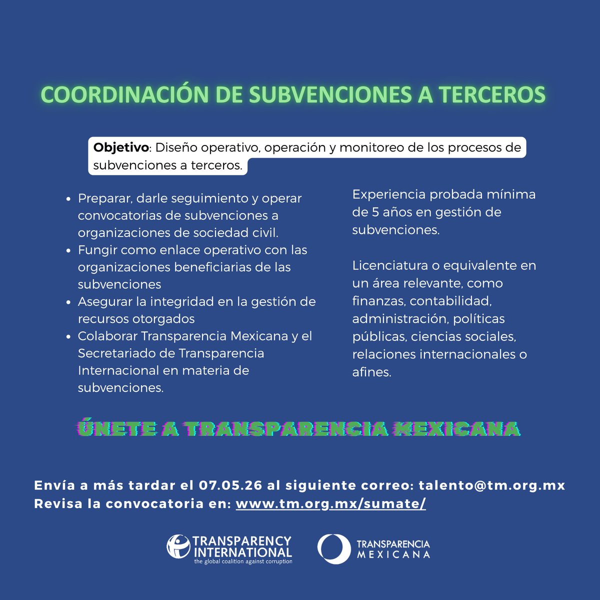IntegridadMx's tweet photo. En Transparencia Mexicana estamos buscando sumar dos perfiles para fortalecer nuestro trabajo en monitoreo, evaluación y aprendizaje, y en los procesos de subvenciones a terceros.

Si te interesa aportar desde la sociedad civil a esfuerzos anticorrupción orientados a reducir desigualdades, aquí puedes consultar la convocatoria y postularte:
 https://t.co/9aUGu58MdC
Fecha límite: 7 de mayo, 2026