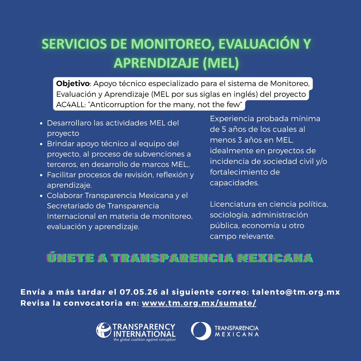 IntegridadMx's tweet photo. En Transparencia Mexicana estamos buscando sumar dos perfiles para fortalecer nuestro trabajo en monitoreo, evaluación y aprendizaje, y en los procesos de subvenciones a terceros.

Si te interesa aportar desde la sociedad civil a esfuerzos anticorrupción orientados a reducir desigualdades, aquí puedes consultar la convocatoria y postularte:
 https://t.co/9aUGu58MdC
Fecha límite: 7 de mayo, 2026