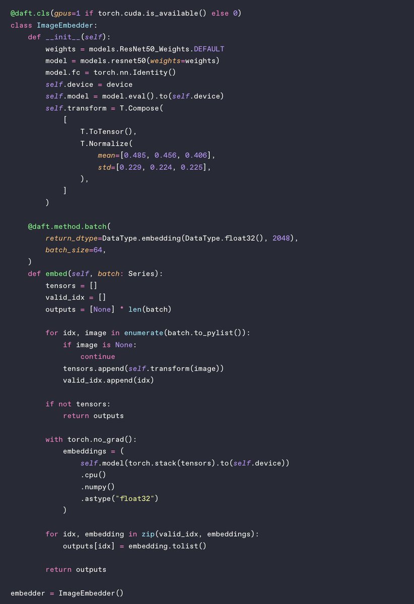 everettkleven's tweet photo. Most image embedding pipelines are actually two pipelines stitched together.

Script one: PySpark reads images from S3, resizes them, joins with metadata, writes to Delta Lake. 
Script two: PyTorch loads ResNet, generates embeddings on GPU, writes back to Delta Lake.

Two frameworks. Two sets of dependencies. Two GPU configs. Serialization overhead at every boundary.

With Daft, it's one script. download → resize → join → embed → write. daft.cls handles GPU placement and batching. No handoff.