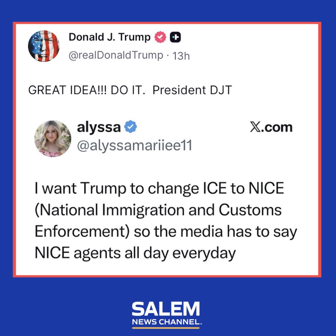 AM560TheAnswer's tweet image. NAME CHANGE PUSH: President Trump has endorsed renaming ICE to NICE — the National Immigration and Customs Enforcement agency. #WIND