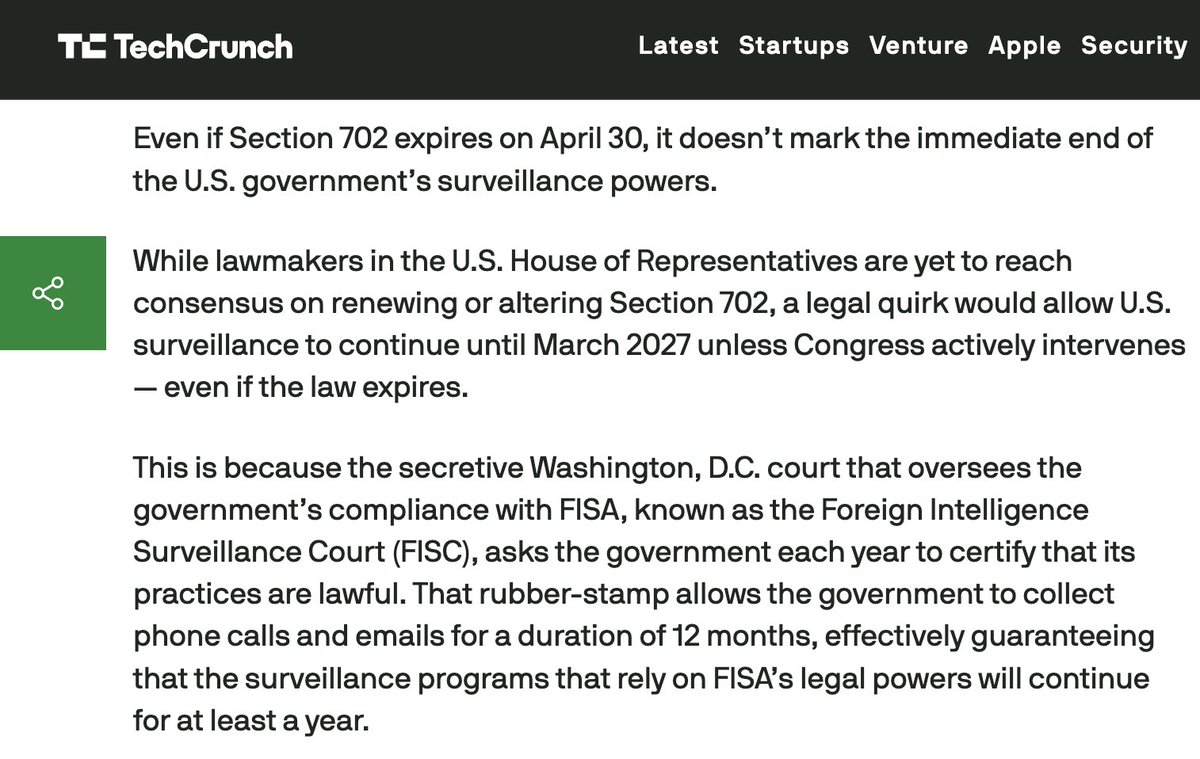 exiledpolicy's tweet photo. @JakeSherman Jake: Even if the authorization lapses, FISA Section 702 surveillance will continue in full until March 2027. Congressional inaction will not change this. See here: https://t.co/pzY9j821Zd https://t.co/O2no3n7cPQ