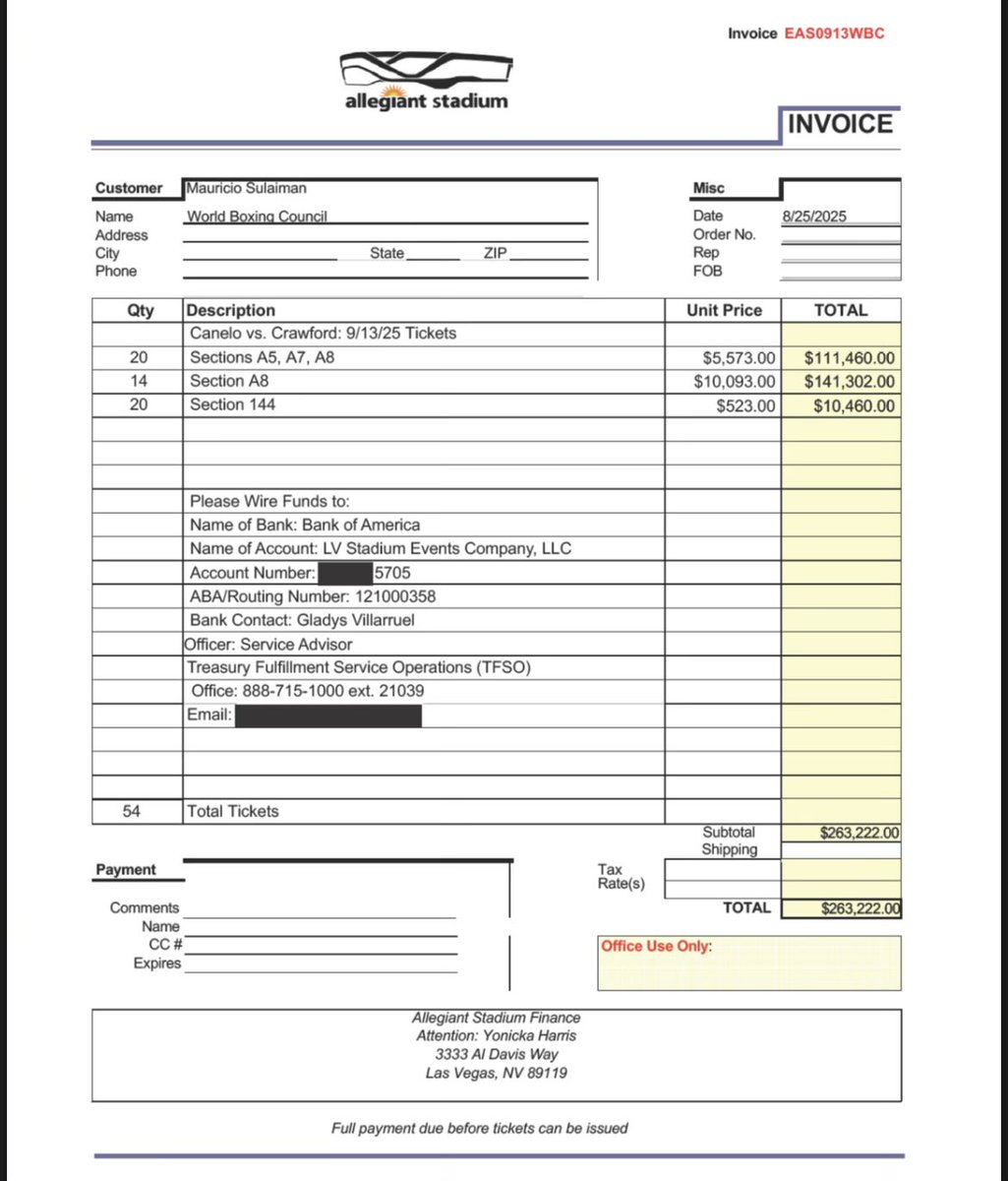 sportsrapport's tweet photo. In his congressional testimony last week, Nick Khan said the WBC, ostensibly a non-profit sanctioning body, bought $265k worth of tickets to Canelo-Crawford in Las Vegas last year.

These are the receipts https://t.co/tyTP4YFEsc