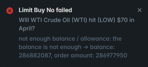 Ploymarket V2升级完毕，但目前如果你下limit订单选择Max时，可能出现图片这种余额不足的提示。

应该是转换为 $Pusd 后精度没算好导致，目前的办法是稍微调小一点再提交。
希望 <a href="/Polymarket/">Polymarket</a> 官方可以尽快修复，不然挺影响体验的。