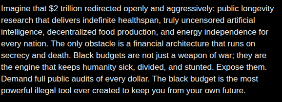 IatrogenicIntel's tweet photo. Black budgets, The military-industrial-complexes and governments corruption.
#BlackBudgets #BlackBudget #MilitaryIndustrialComplex #HiddenTech #HiddenScience #AuditThePentagon #ConstitutionalViolation #DeepState #ClassifiedSpending #GlobalCorruption #SuppressedScience #EndTheFed