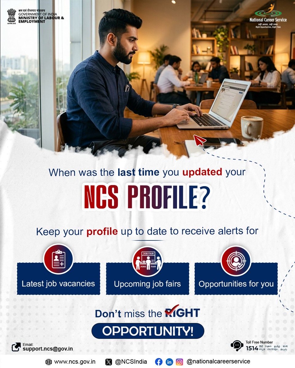 NCSIndia's tweet image. Make sure your NCS profile is up to date.

An updated profile allows you to receive information about latest vacancies, job fairs, and relevant opportunities based on your details. 

Don’t miss out on what suits you best.

#NationalCareerService #JobSearch #CareerOpportunities