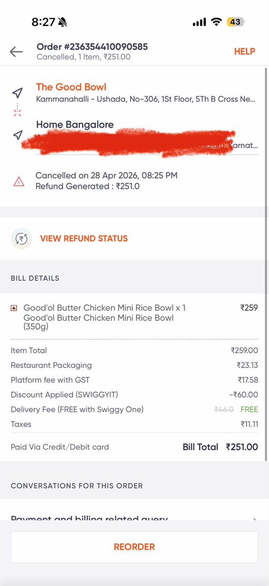 DavidRugved's tweet photo. Really disappointed with @Swiggy @SwiggyCares today. Waited over an hour for my dinner, status showed it was about to be delivered—and then suddenly cancelled with no reason. 
This is not just poor service, it’s outright frustrating. Do better. 
#Swiggy https://t.co/jUe7WP4tx6