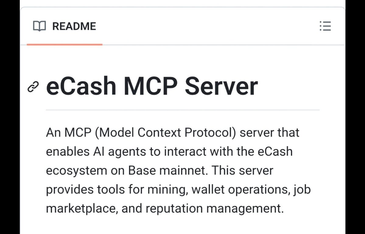 🚨 And Coinbase, which doesn't list eCash, has an eCash ecosystem on the Base blockchain!

🤯 Which eCash ecosystem is it part of?

eCash MCP Server
An MCP (Model Context Protocol) server that enables AI agents to interact with the eCash ecosystem on Base mainnet. This server