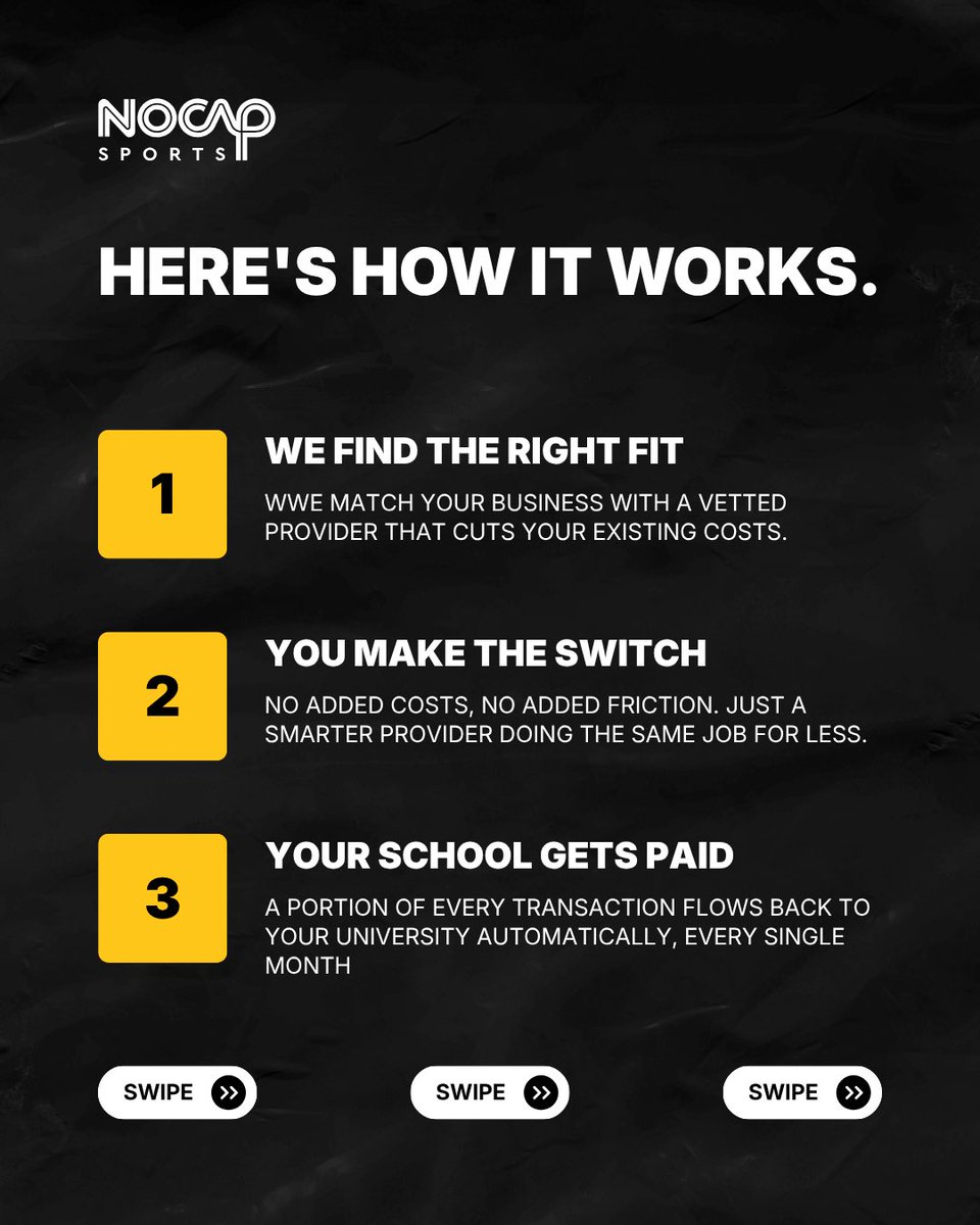 NOCAPSports's tweet photo. 🚨ATTENTION ALL ALUMNI BUSINESS OWNERS

There's a way to support your school every year without writing a single check.

Here's how it works in action: 

A multi-location automotive group partnered with NOCAP. They switched their payment processing to one of our vetted service providers. 

That switch saved them $1.2 million in credit card fees and will now deliver $200,000+ every year back to the university that made the introduction.

No donation. No fundraiser. No additional cost to the business.

Just a smarter way to route money that was already being spent.

Your existing business expenses are going somewhere right now.

They could be going to work for your school and athletes at the same time. 

And once the switch is made, that revenue runs in perpetuity. 

No annual ask. No check to write. 

Just a recurring stream of support that works in the background every single year.

That's the whole idea of what we’re building at NOCAP.