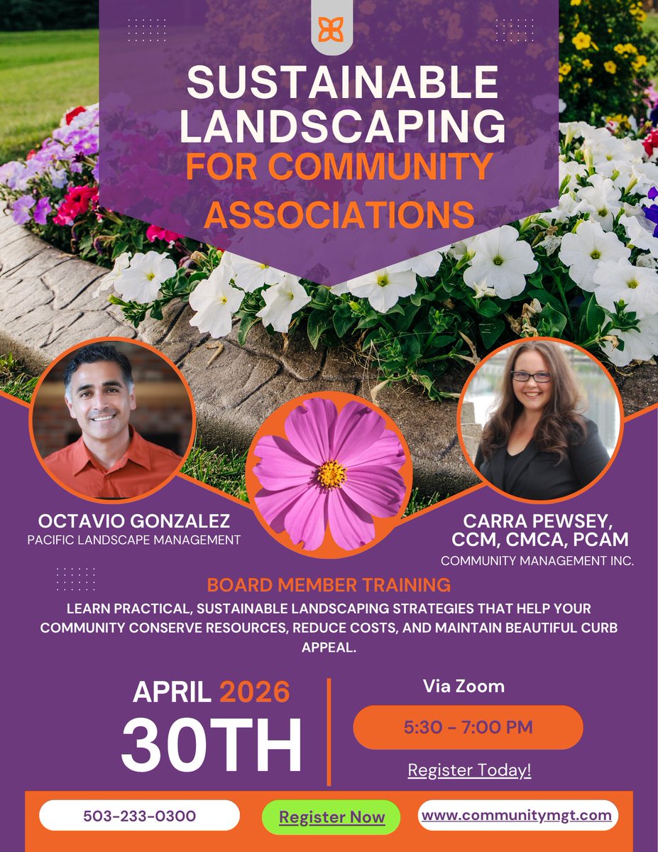CommMgtInc's tweet photo. 🌷 Spring is in the air, and summer is just around the corner! Is your community association ready to make a lasting impression?

Join Pacific Landscape Management's Octavio Gonzales and Community Management’s Carra Pewsey, PCAM, for an insightful discussion on how to elevate your association’s curb appeal with smart, sustainable landscape improvement.

Learn how thoughtful upgrades can enhance property value, support sustainability goals, and keep your community looking its best—without putting unnecessary strain on your reserves.

Don’t miss this opportunity to gather expert insights and fresh ideas to help your community shine all summer long! ✨

Register today! https://t.co/W7jSiUzz46

#BoardTraining #CommunityManagementInc #PacificLandscapeManagement #CMI #PLM #CommunityManager #Improvements #Innovation #Sustainability #ReserveFunds #Progress #Spring 🌟