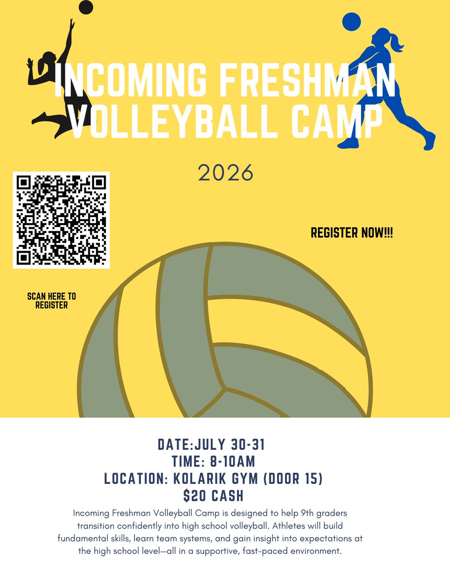 falconsofchs's tweet image. Camp Registration is OPEN!
Calling all future Lady Falcons! Join us July 30–31 from 8:00–10:00 AM at Kolarik Gym (Door 15) to build skills, learn team systems, and prepare for high school volleyball!
💵 Cost: $20 cash
📲 Scan the QR code to register today!
#FalconPride