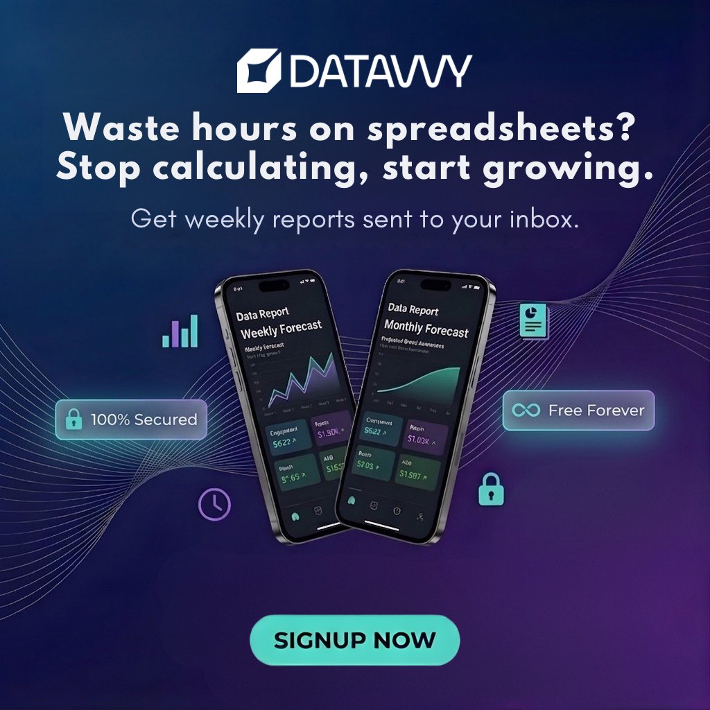Datavvy's tweet photo. Waste hours on spreadsheets? Stop calculating and start growing. ๐โก๏ธ๐
Get automated weekly reports and monthly forecasts sent directly to your inbox.
๐ 100% Secured
โพ๏ธ Free Forever
๐ Real-time insights
Sign up now! ๐
#MarTech #FinTech #BusinessGrowth #Analytics #Datavvy https://t.co/YW9qi7gStF