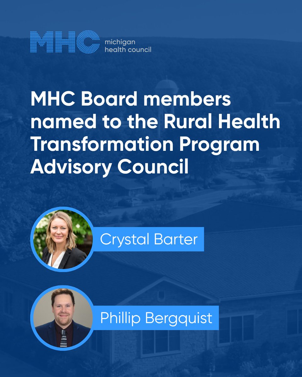 MIHealthCouncil's tweet photo. Congratulations to Michigan Health Council board members Crystal Barter and Phillip Bergquist on their appointment to serve on the Rural Health Transformation Program Advisory Council! https://t.co/ueQtfNZI79