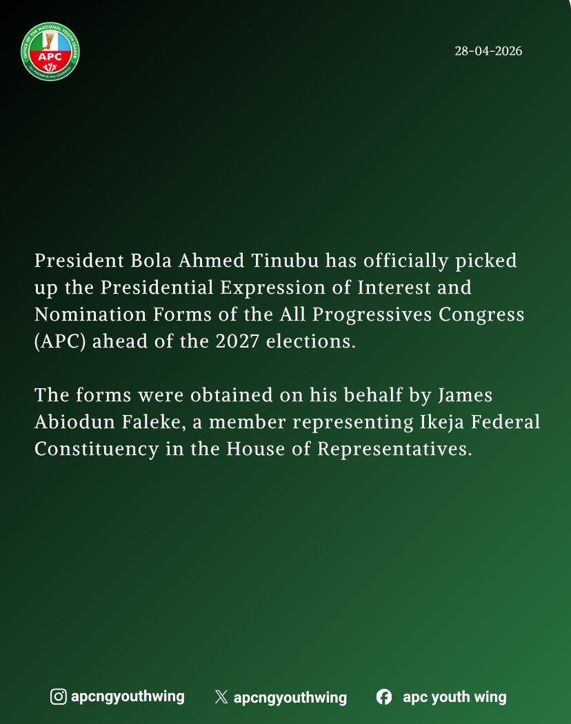 apcngyouthwing's tweet image. President Bola Ahmed Tinubu officially picks up APC Presidential Form for 2027.  On his mandate we shall stand.🙌🏽

#apcyouthwing #youngprogressives #goviral #progressiveminds