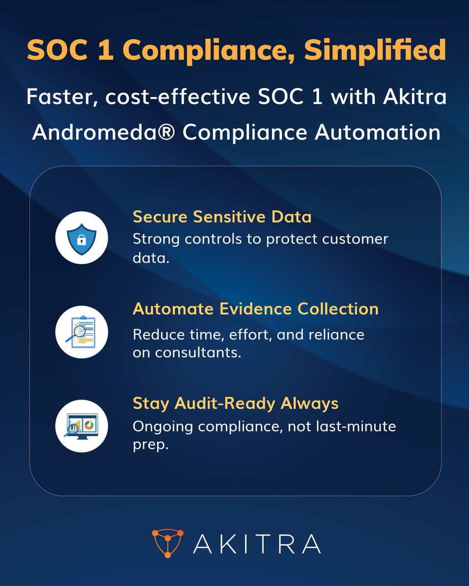 Akitra_Inc's tweet image. SOC 1 = trust in your financial controls.

Automate evidence. Stay audit-ready.

👉 Learn more → bit.ly/soc1-ak 

#SOC1 #Compliance #CyberSecurity #Akitra