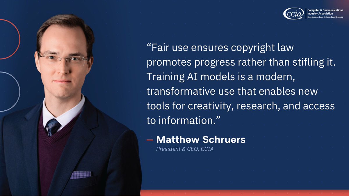 ccianet's tweet image. CCIA urges a California court to affirm that training #genAI on copyrighted works is lawful fair use. The brief underscores that #copyright exists to promote progress, and transformative AI training is key to #innovation, creativity, and access to information. Read more:
