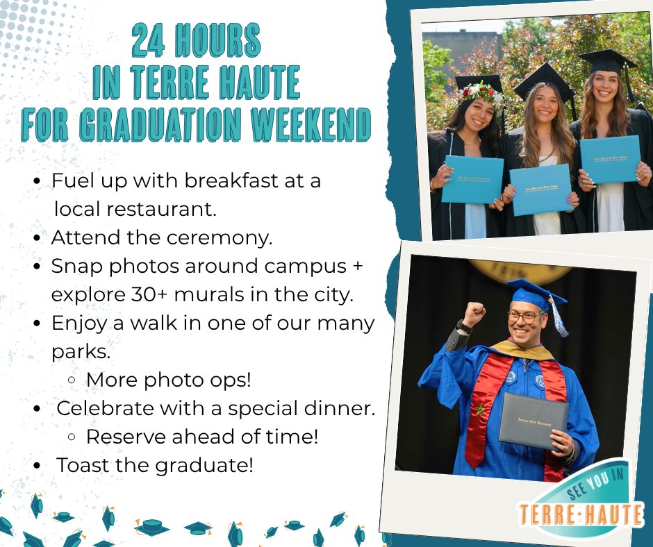 SeeYouInTH's tweet image. Graduation is just around the corner!

Make the most it by turning the day into a full Terre Haute experience. Explore downtown, enjoy local food, and capture photos.

Plan ahead and book your stay:
terrehaute.com/lodging/ 

#SeeYouInTerreHaute #GraduationWeekend #Celebrate