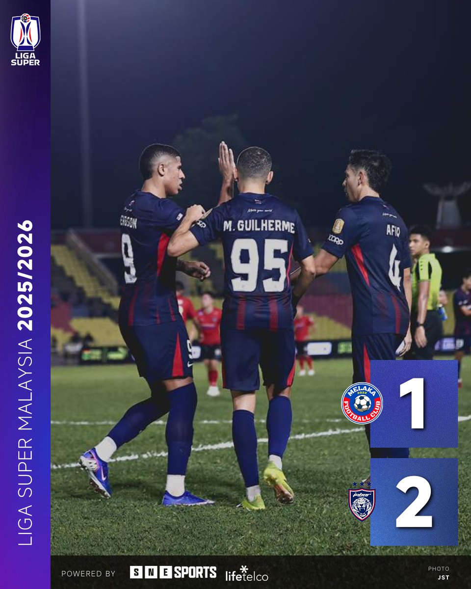 SNE_Sports's tweet image. #LigaSuper 2025/26 Matchday 23 Results

FT: Melaka United 1-2 Johor Darul Ta'Zim

⚽️ 44' (JDT 1-0) Ager Aketxe
⚽️ 45+2' (JDT 2-0) Marcos Guilherme
⚽️ 73' (MEL 1-2) Dino Kalesic

📷 : JST

#MELJDT #MelakaFC #JDT
#SNESports
#LifeTelco