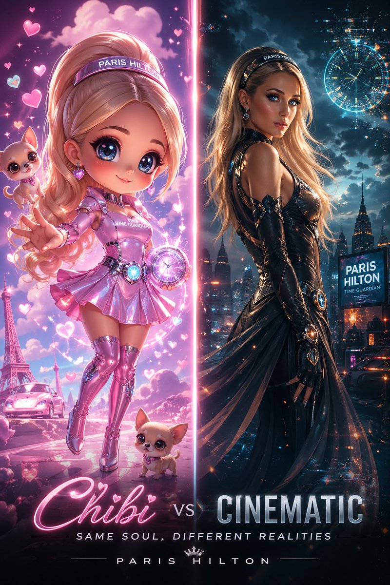 amynys's tweet image. GPT Image 2 on ChatGPT 

Some nights she’s bubbly pink sparkle…  
Other nights she’s pure shadow and steel.

Chibi vs Cinematic — Same soul, different realities.

Which version of Paris Hilton Time Guardian are you? 👀

Full prompt in comments ↓

 #ChibiVsCinematic #ParisHilton