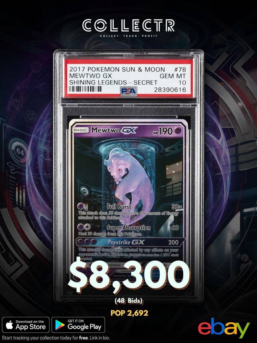 getcollectrapp's tweet image. A PSA 10 Mewtwo GX from Shining Legends just sold on eBay for $8,300. 

#collectr #mewtwo #pokemoncards #psa10 #pokemontcg