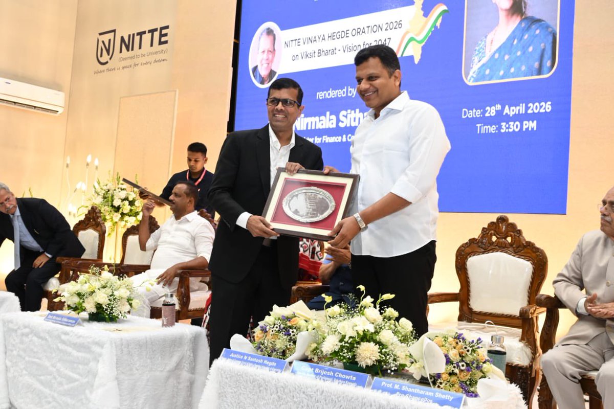 CaptBrijesh's tweet photo. He was an institution in himself … so it is befitting that we pay tribute to Shri Nitte Vinay Hegde with an annual memorial address. 

Glimpses from the maiden Nitte Vinay Hegde Oration 2026 on #ViksitBharat-#Vision2047 by our Fin Min Smt @nsitharaman held in Deralakatte, Mangaluru earlier this evening.